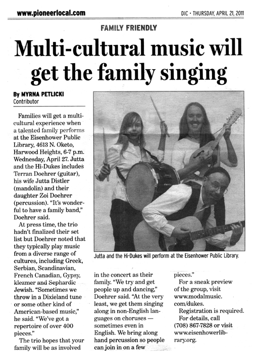 Image of the article in the Pioneer Press April 21, 2011 clipping about Jutta & the Hi-Dukes (tm)